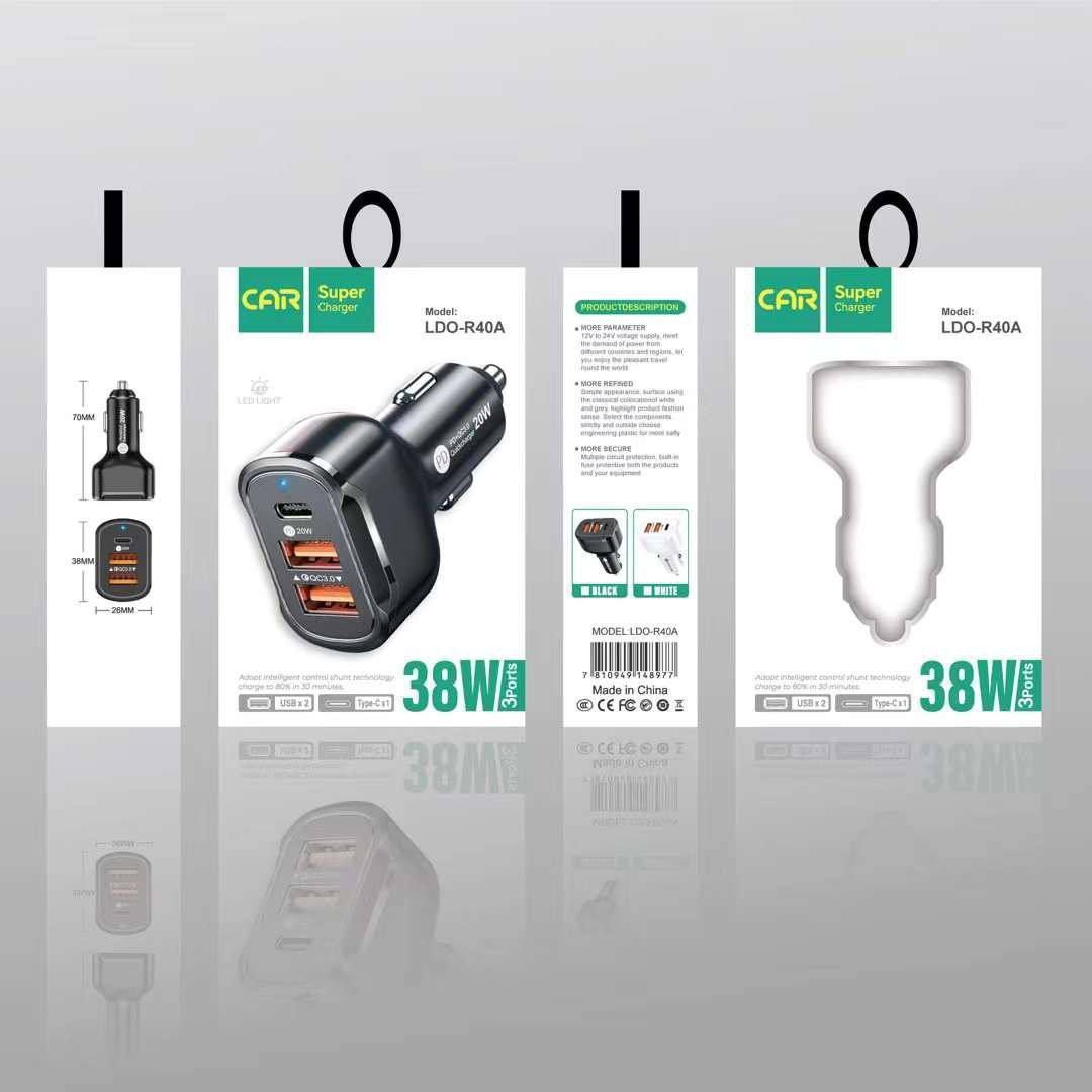 شارژر فندکی 38W مدل LDO-R40A دو پورت USB و یک پورت PD چراغ دار شارژر فندکی 38W مدل LDO-R40A دو پورت USB و یک پورت PD چراغ دار
